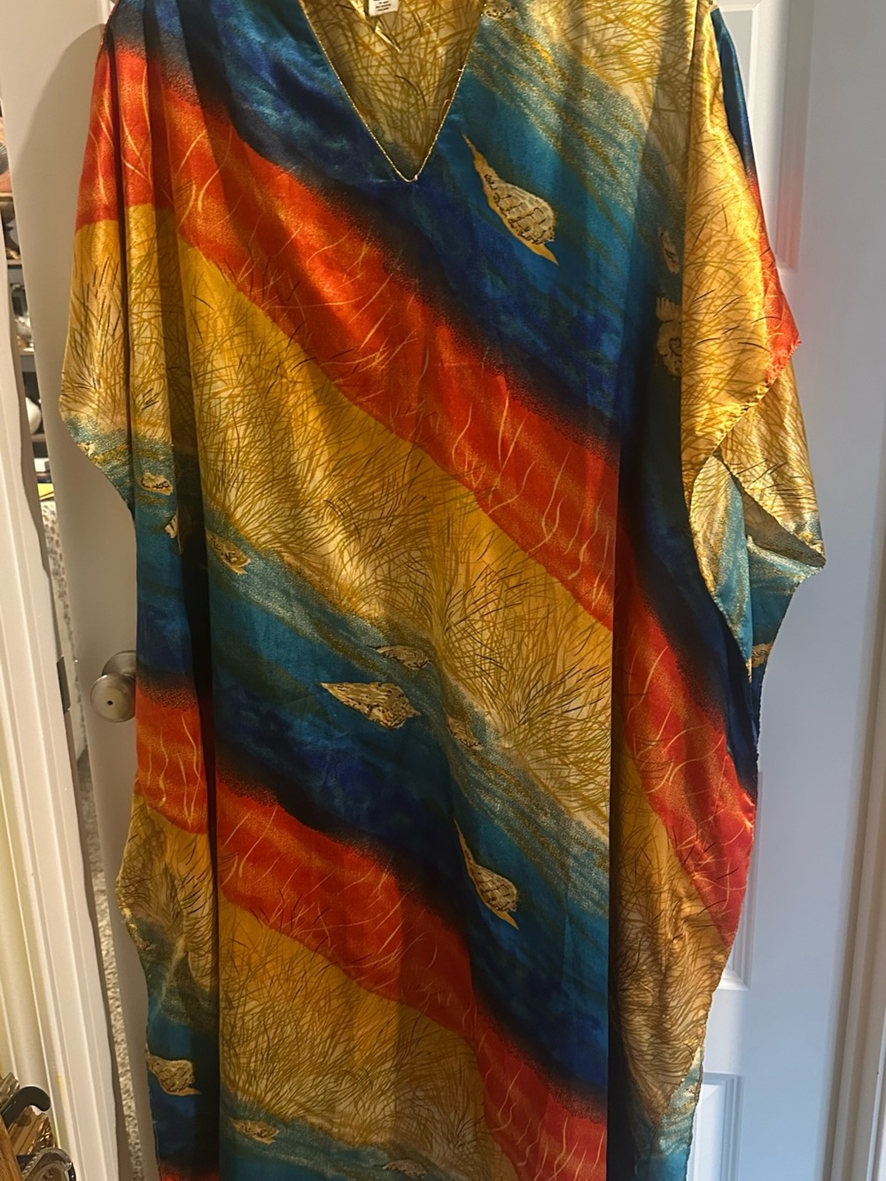 Vintage silk brocade kaftan with diagonal striped pattern in gold, blue, yellow